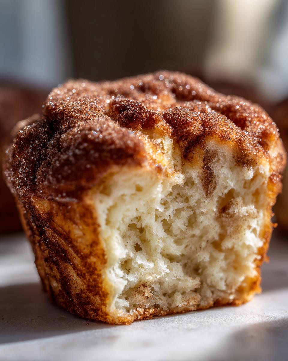 A close-up of a cinnamon sugar french toast muffins with a bite taken out, showing the fluffy interior and sugary topping.