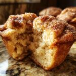 A close-up shot of a cinnamon sugar french toast muffin broken in half, showing its soft interior texture.