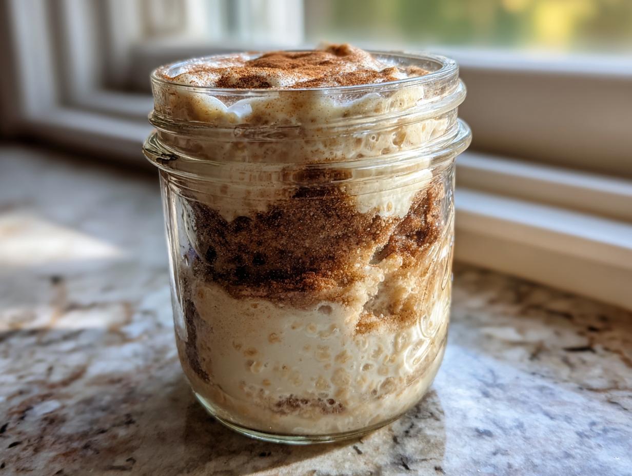 Close-up of cinnamon swirl overnight oats layered with brown sugar mixture in a glass mason jar.