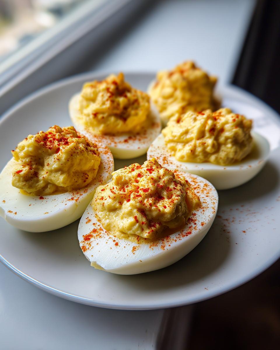Five halves of classic deviled eggs, generously filled with creamy yolk mixture and sprinkled with paprika.