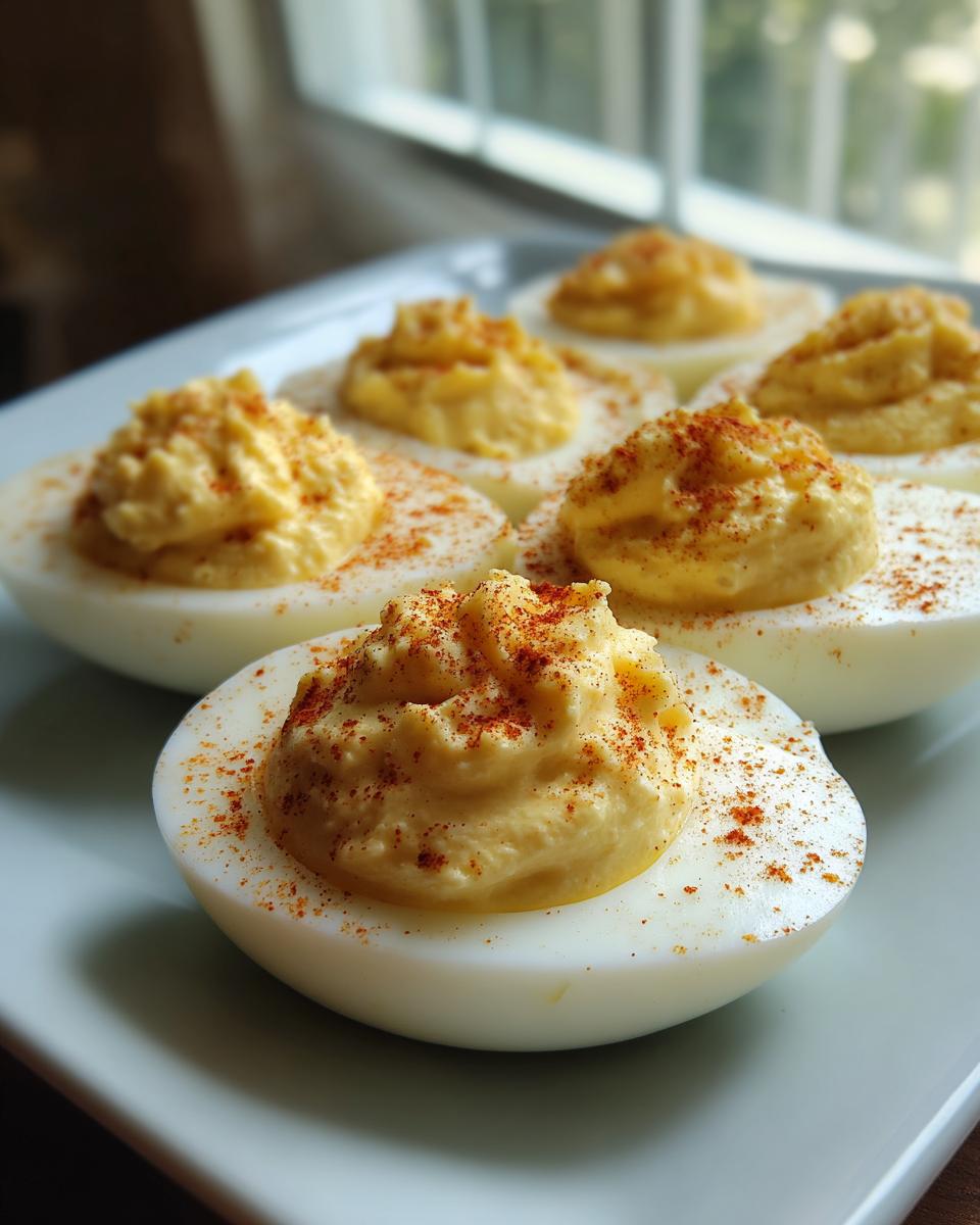 Close-up of several classic deviled eggs garnished with paprika on a white plate.