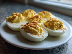 A plate of five classic deviled eggs, generously filled with creamy yolk mixture and sprinkled with paprika.