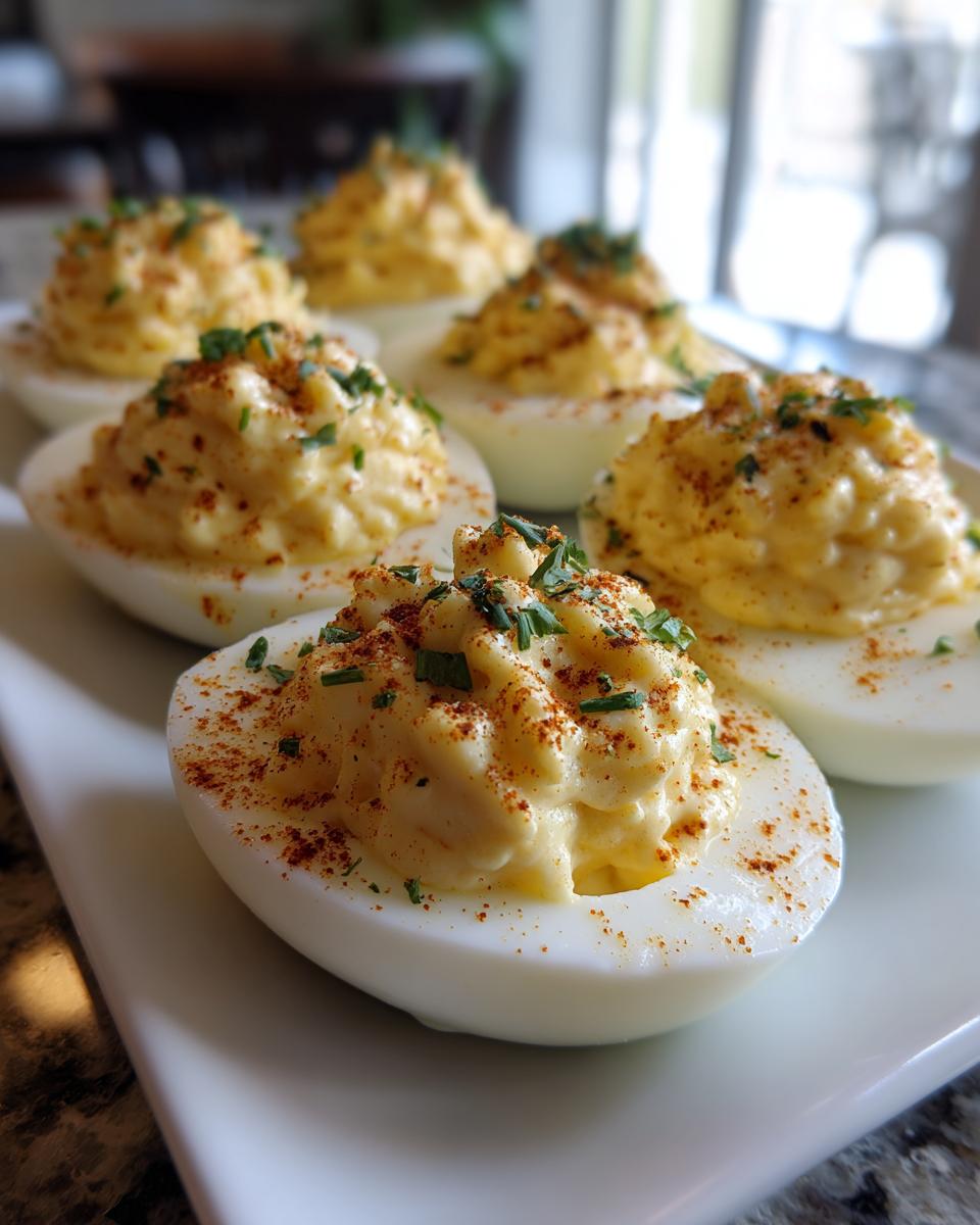 Close-up of creamy deviled eggs garnished with paprika and fresh chives on a white platter.