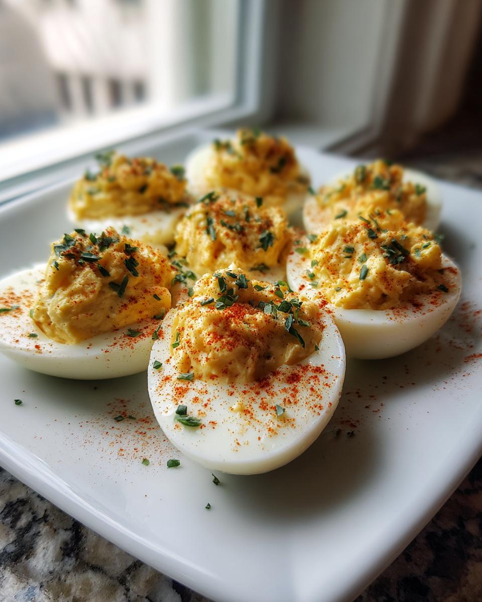 A plate of six perfectly prepared deviled eggs, topped with paprika and fresh chives.