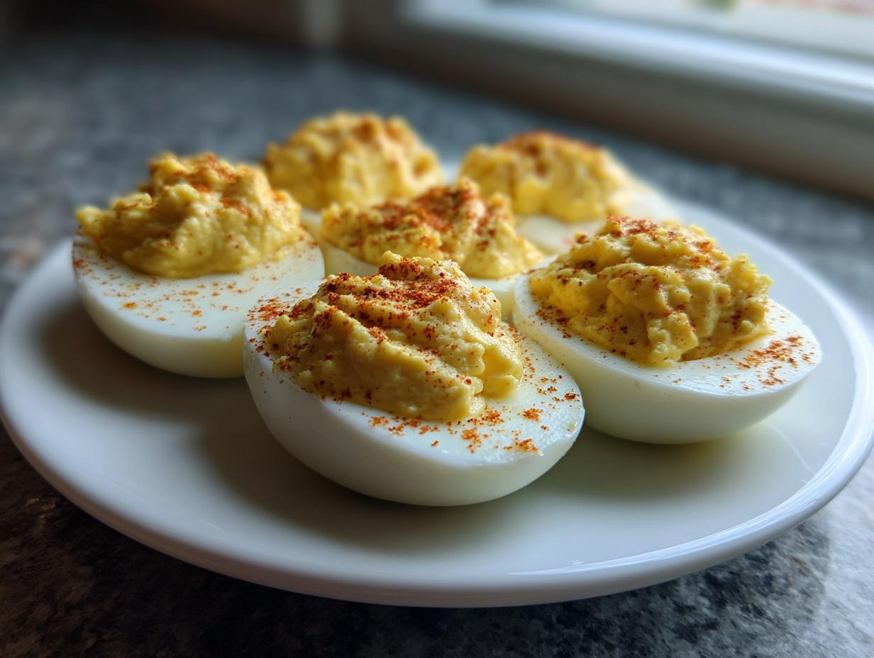 A plate of five classic deviled eggs, generously filled with creamy yolk mixture and sprinkled with paprika.