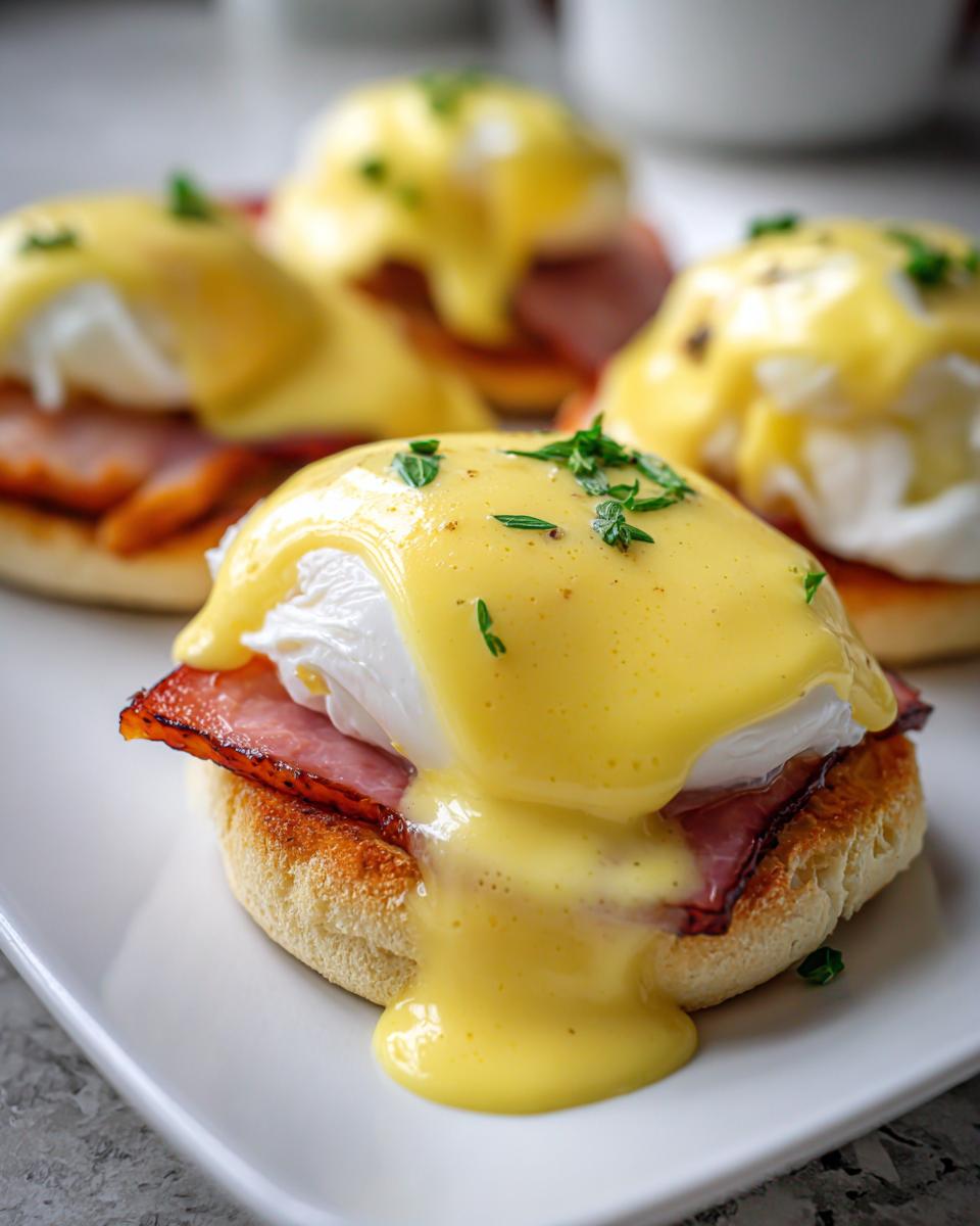 Close-up of four servings of rich Eggs Benedict, featuring poached eggs, ham, and dripping hollandaise sauce.