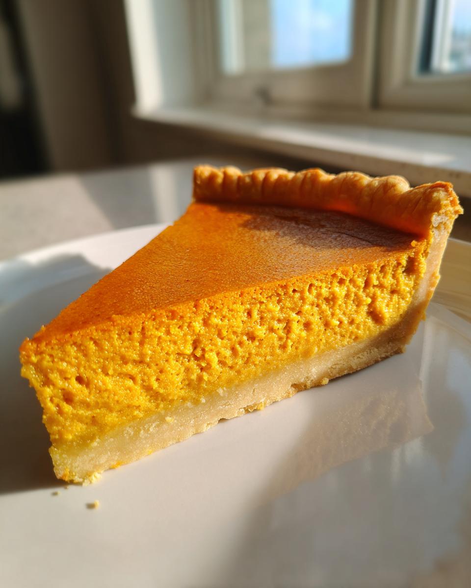 A close-up slice of classic pumpkin pie recipe showing the vibrant orange filling and golden crust on a white plate.