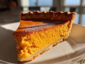 A close-up, sunlit slice of classic pumpkin pie recipe showing the rich orange filling and flaky crust.