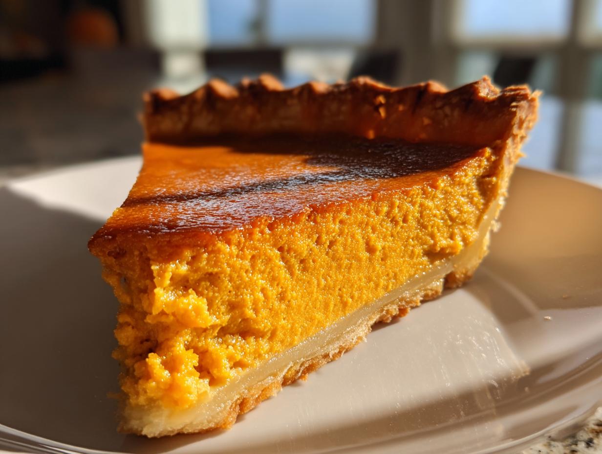 A close-up, sunlit slice of classic pumpkin pie recipe showing the rich orange filling and flaky crust.