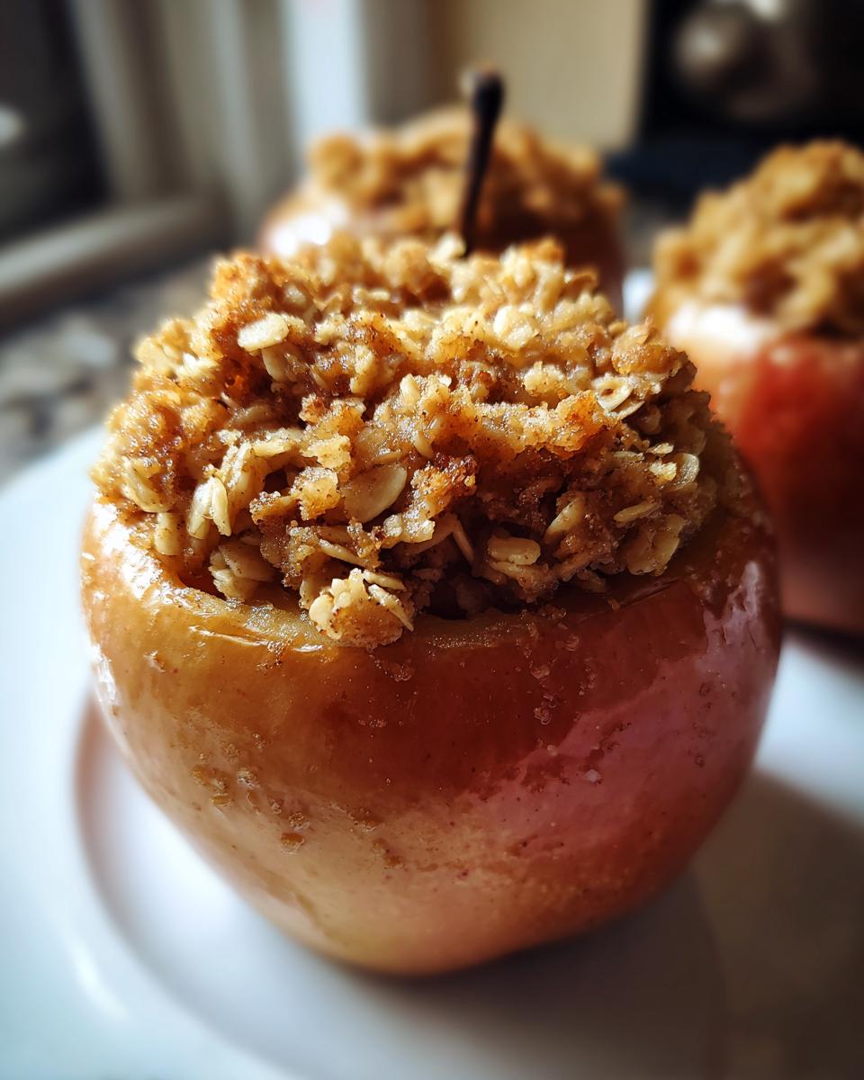 Close-up of a perfectly baked apple filled with a sweet, crunchy oat and spice crumble topping.