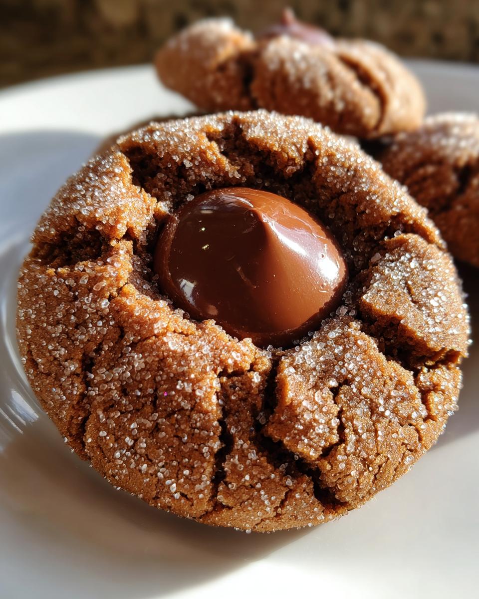 Close-up of a freshly baked peanut butter blossoms cookie, rolled in sugar, featuring a melted chocolate kiss center.