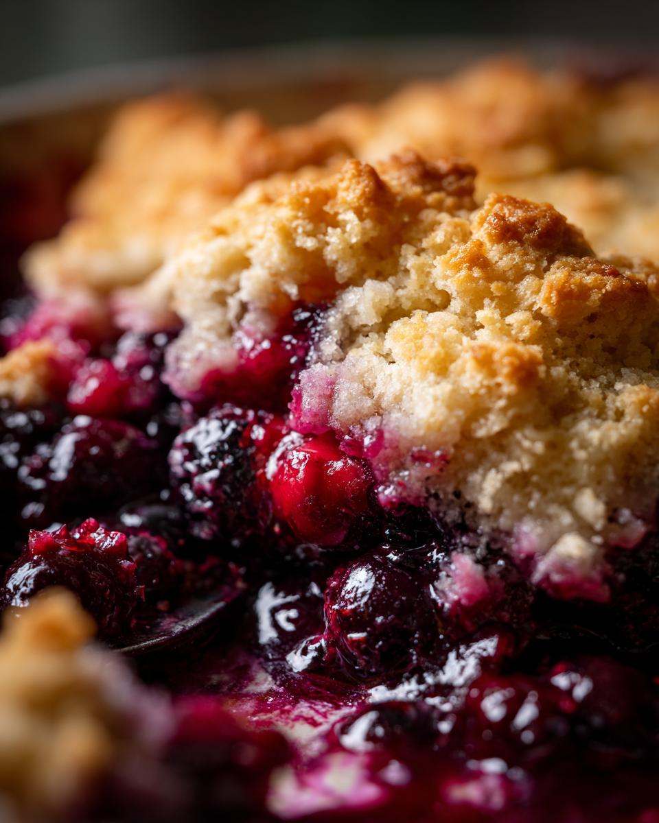 Macro shot showing the bubbling, juicy filling of a mixed berry cobbler beneath a golden, crumbly topping.