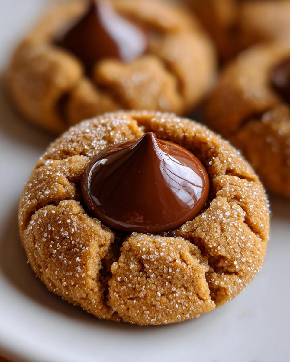 A close-up of a freshly baked peanut butter blossoms cookie, rolled in sugar, with a melted chocolate kiss center.