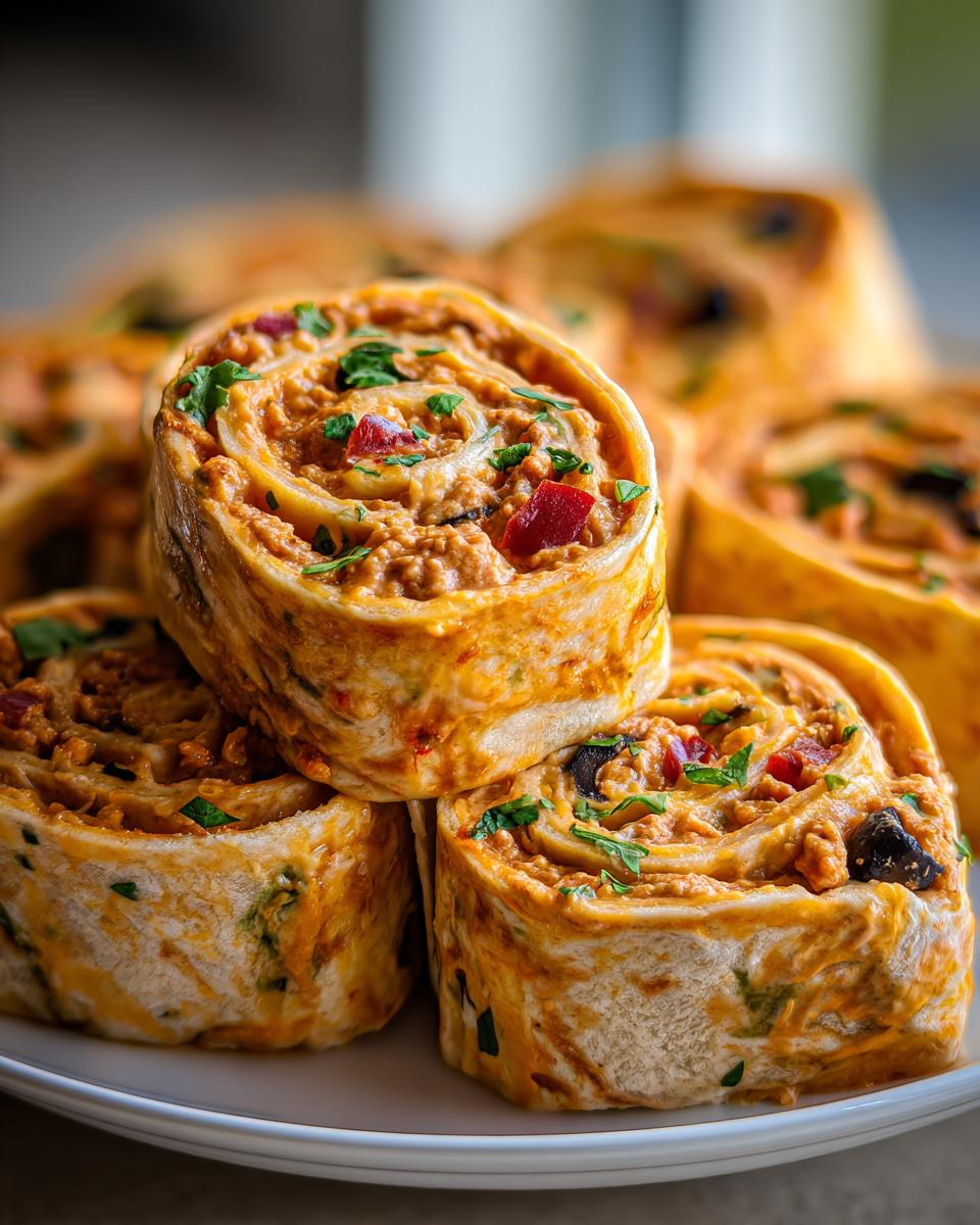 A stack of delicious, tightly rolled taco pinwheels garnished with fresh parsley and visible bits of red pepper.