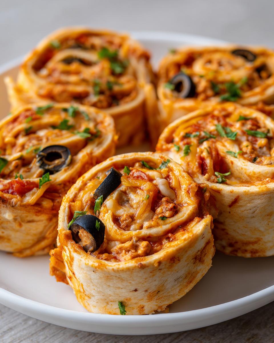 Five freshly made taco pinwheels filled with meat, cheese, and olives, garnished with parsley, served on a white plate.