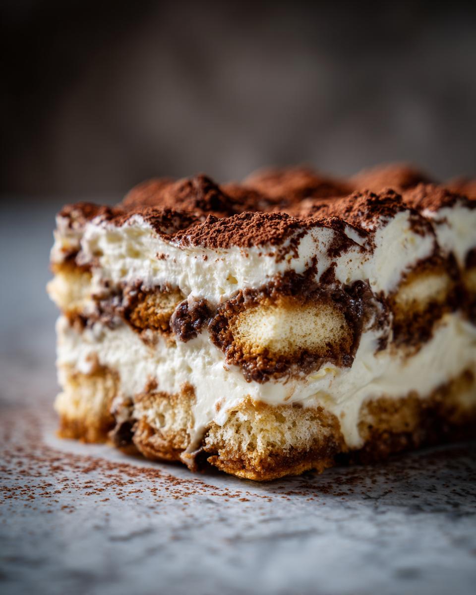 Close-up of a rich slice of tiramisu recipe showing layers of cream, coffee-soaked ladyfingers, and dusted with cocoa powder.