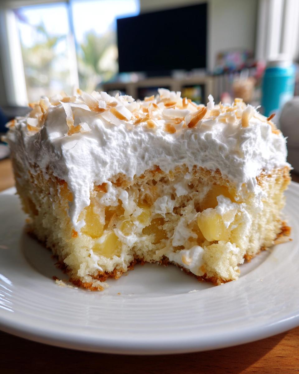 A close-up of a slice of coconut poke cake with visible pineapple chunks, topped with whipped cream and toasted coconut.