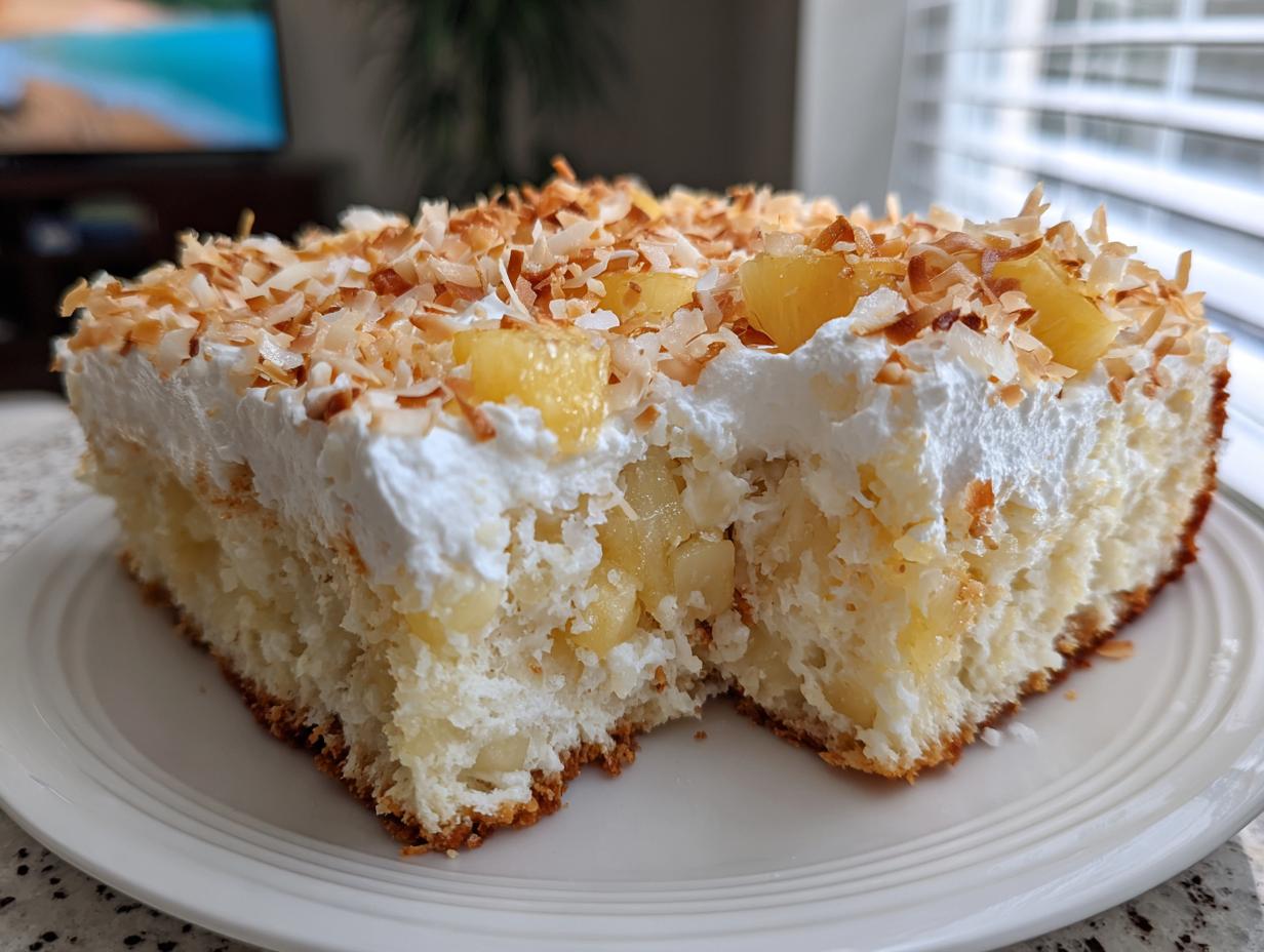 Close-up of a moist slice of coconut poke cake topped with whipped cream, toasted coconut, and pineapple chunks.
