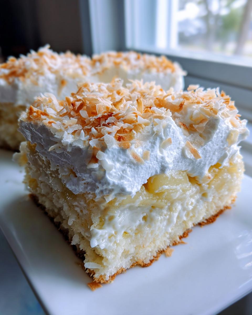 Close-up of a moist slice of coconut poke cake topped with whipped cream and toasted coconut flakes.