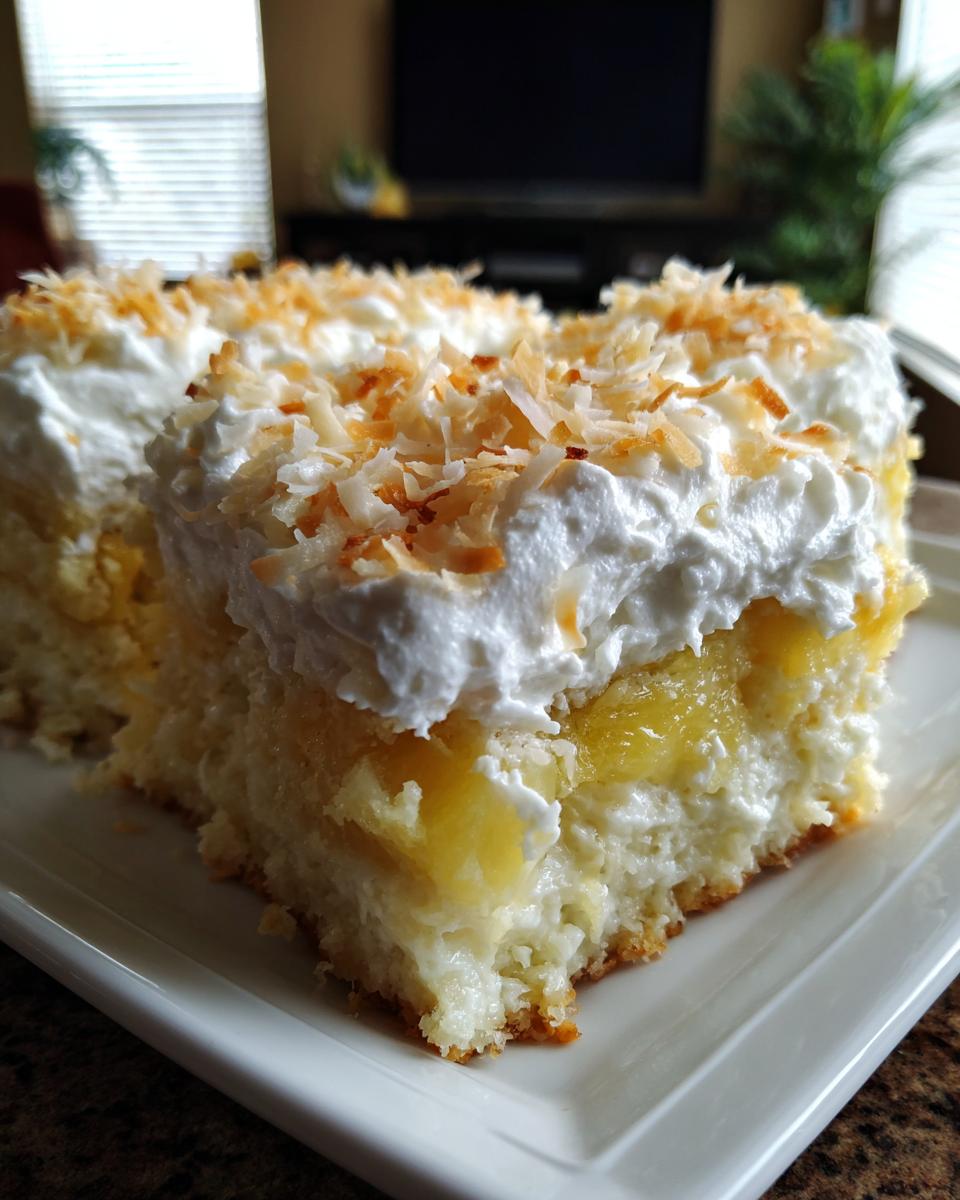 Close-up of a slice of rich coconut poke cake topped with whipped cream and toasted coconut flakes.