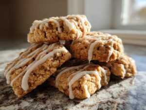 A close-up stack of delicious coffee cake cookies topped with a thick, drizzled vanilla glaze.