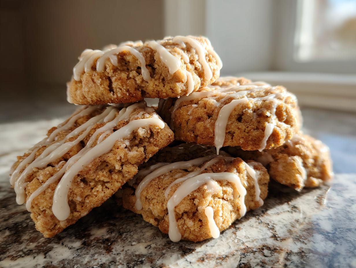 A close-up stack of delicious coffee cake cookies topped with a thick, drizzled vanilla glaze.