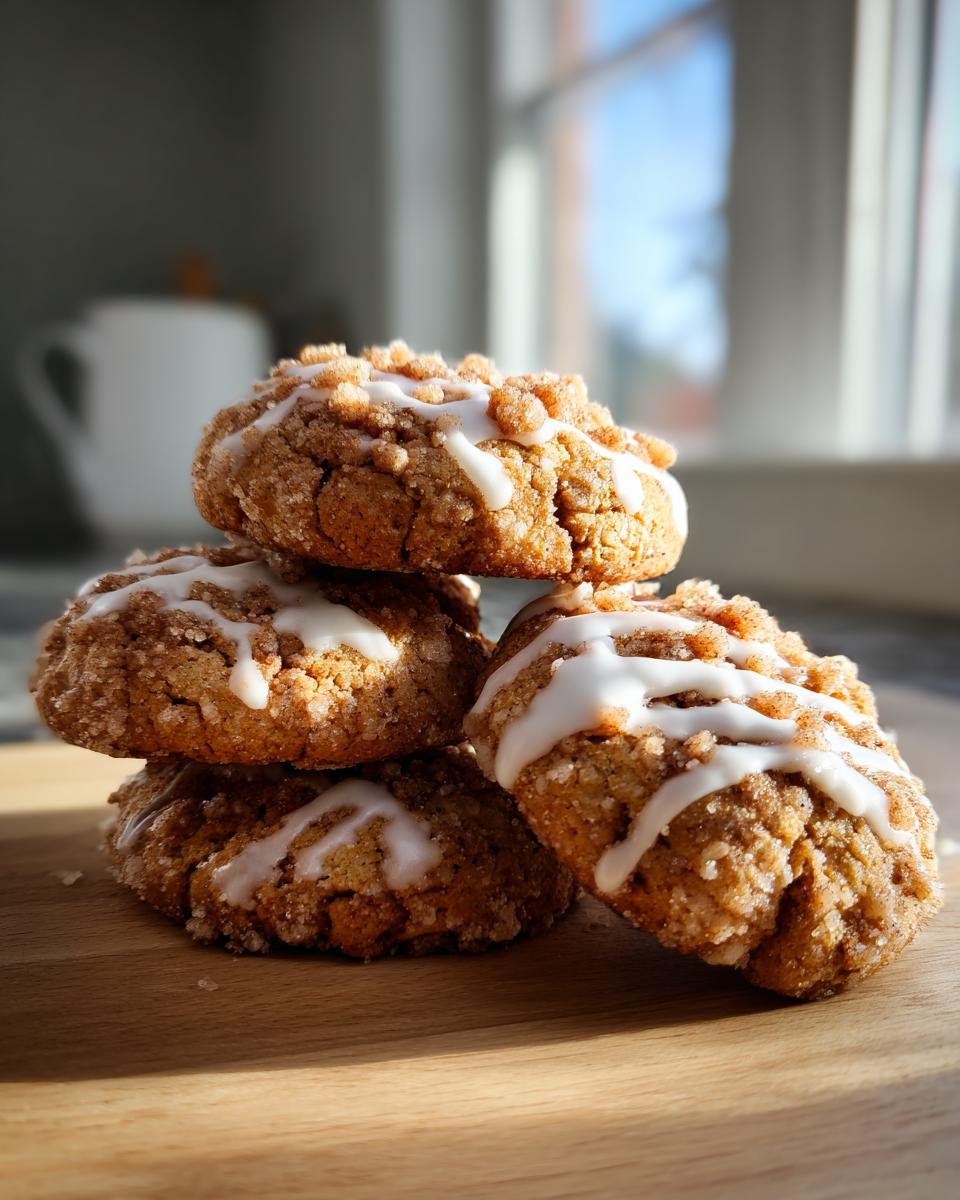 A stack of four delicious coffee cake cookies topped with streusel crumbs and white icing drizzle.