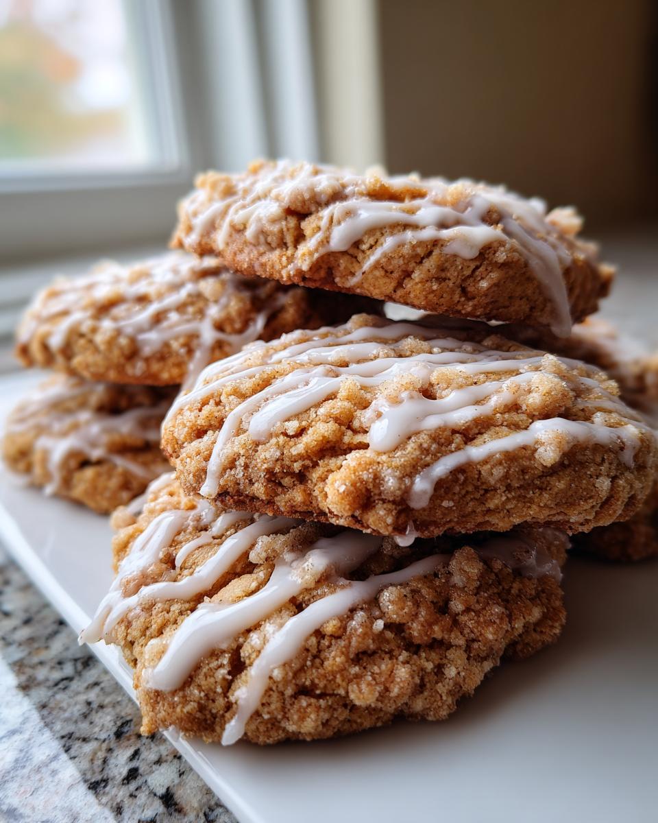 A close-up stack of delicious coffee cake cookies topped with crumbly streusel and a white vanilla icing drizzle.