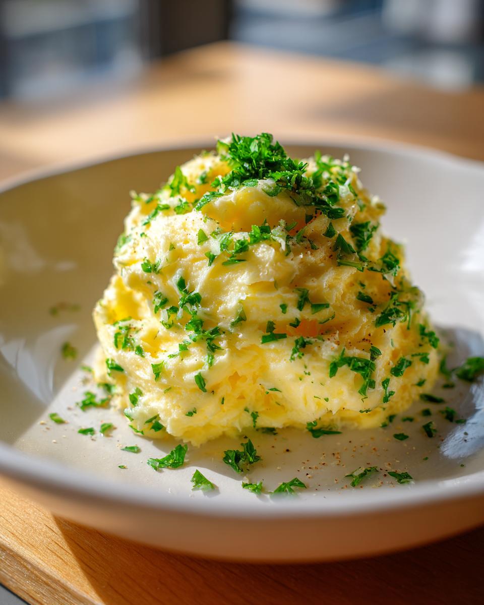 A mound of creamy, yellow compound garlic butter topped generously with fresh chopped parsley.