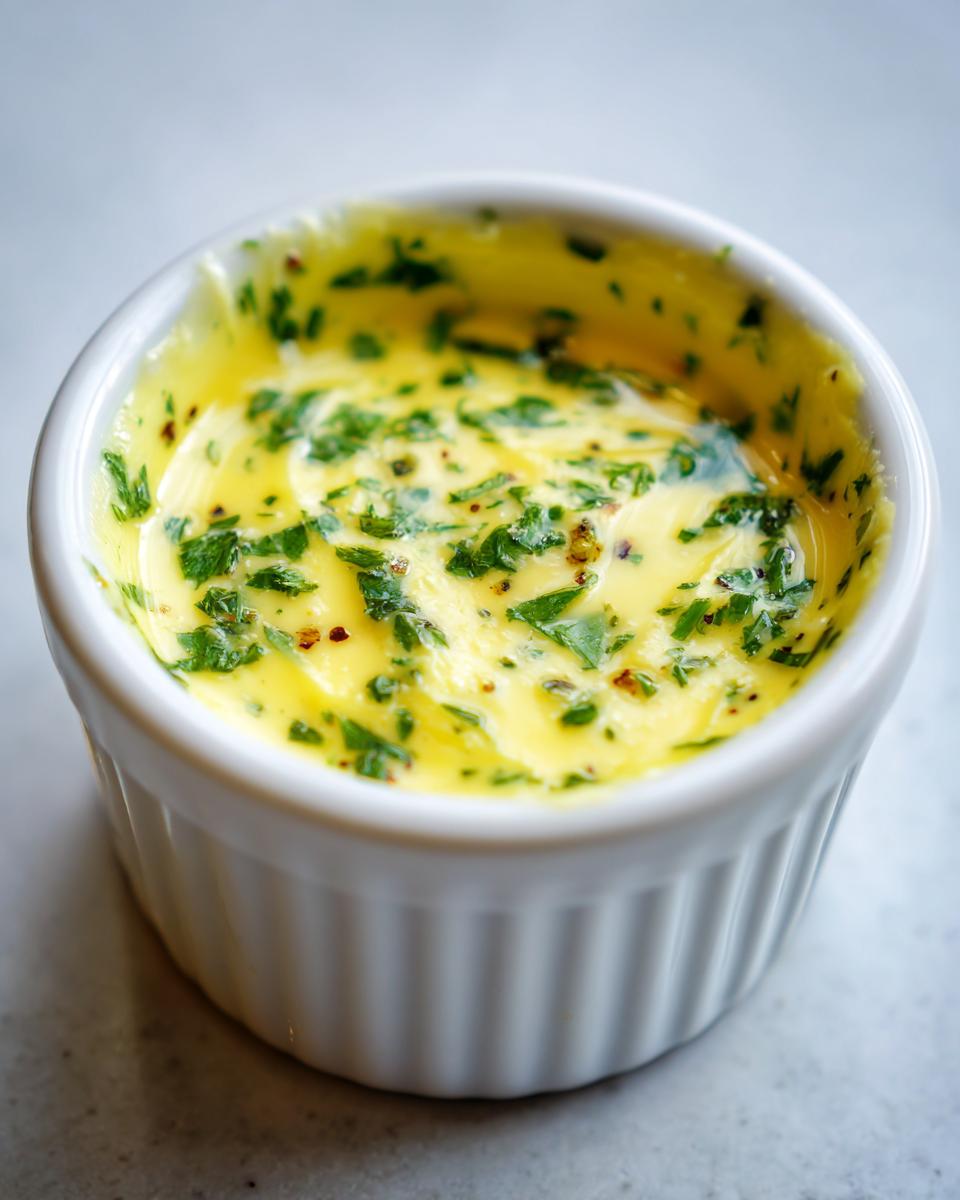 Close-up of rich yellow cowboy butter dipping sauce topped with fresh green parsley and spices in a white ramekin.