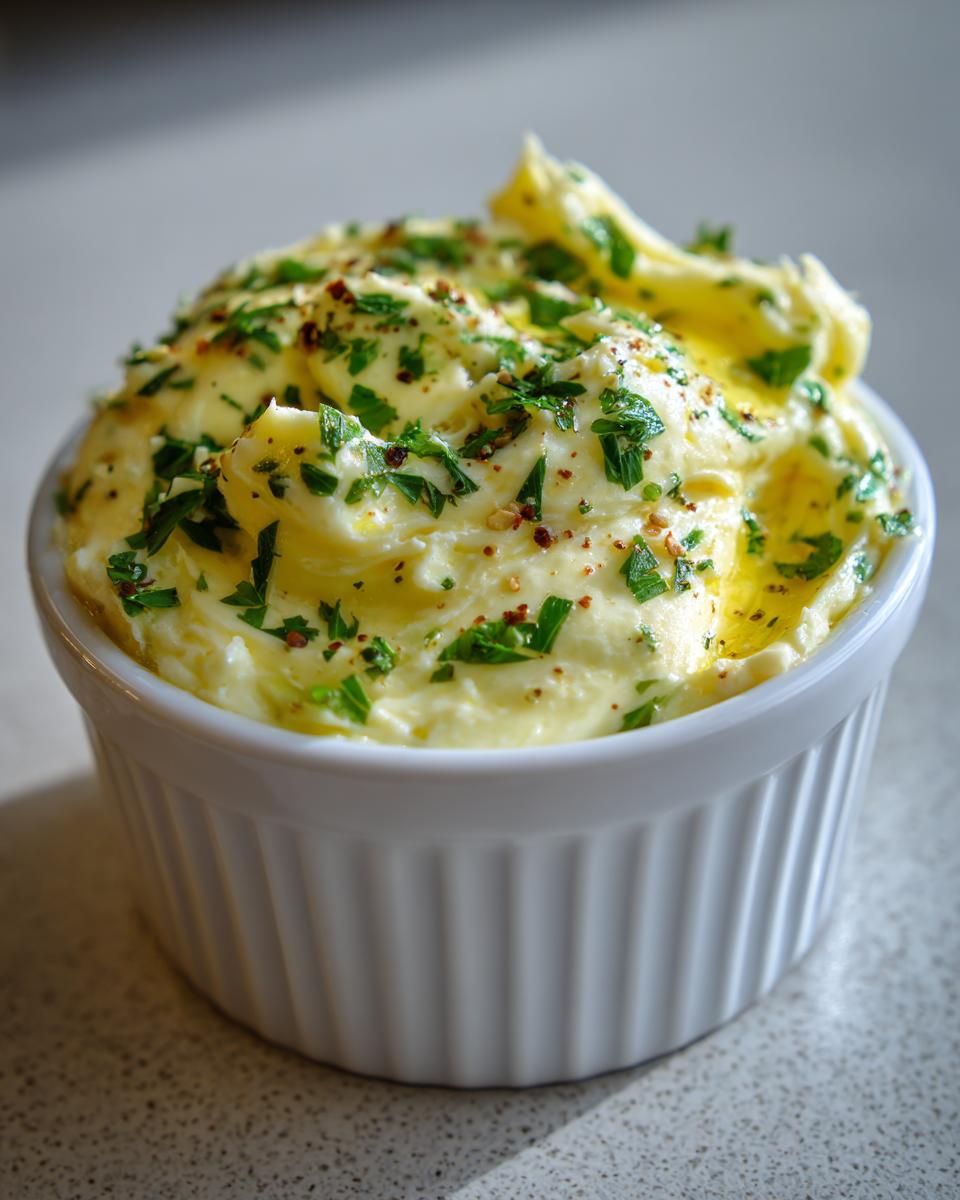 Close-up of creamy cowboy butter dipping sauce topped with fresh parsley and spices in a white ramekin.