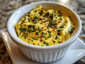 Close-up of creamy yellow cowboy butter dipping sauce topped with fresh parsley and red pepper flakes in a white bowl.