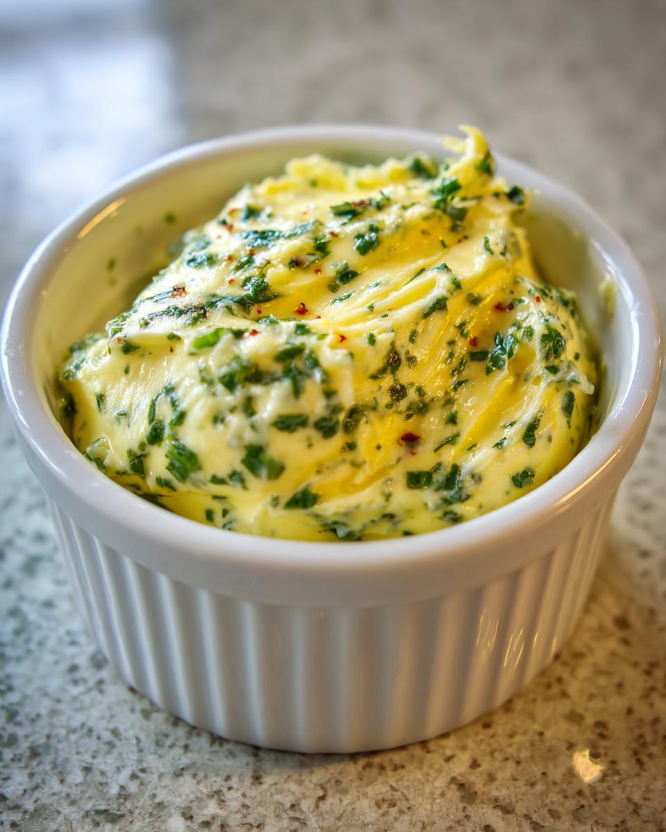 Close-up of creamy cowboy butter dipping sauce mixed with green herbs and red pepper flakes in a white ramekin.