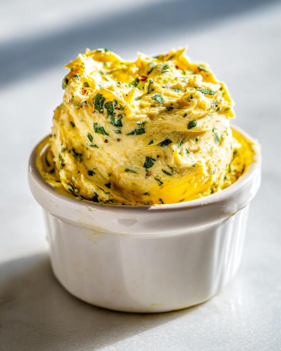 A mound of bright yellow, herbed cowboy butter dipping sauce served in a small white ramekin.