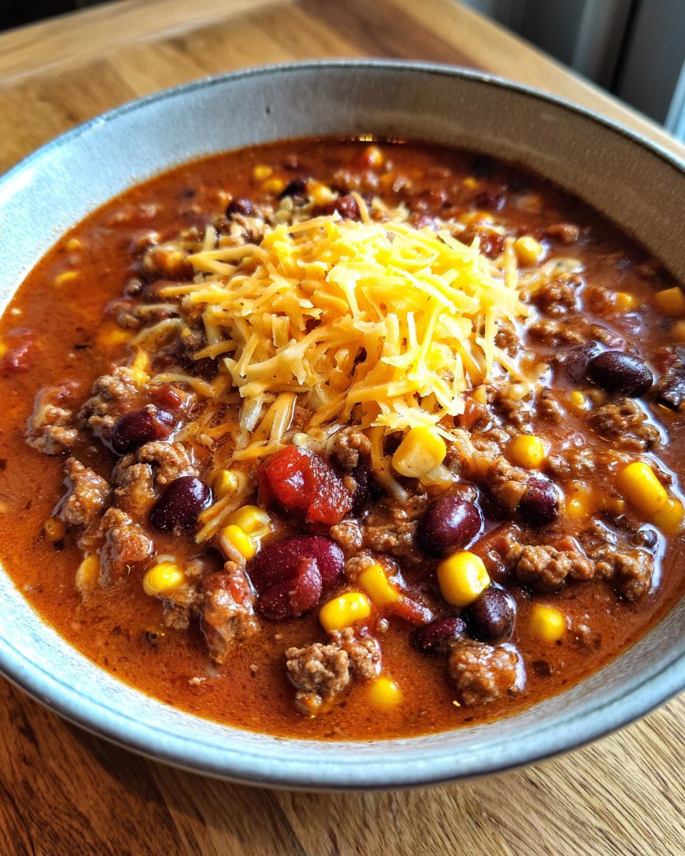 Close-up of a steaming bowl of rich cowboy soup filled with ground beef, kidney beans, corn, and topped with shredded cheddar cheese.