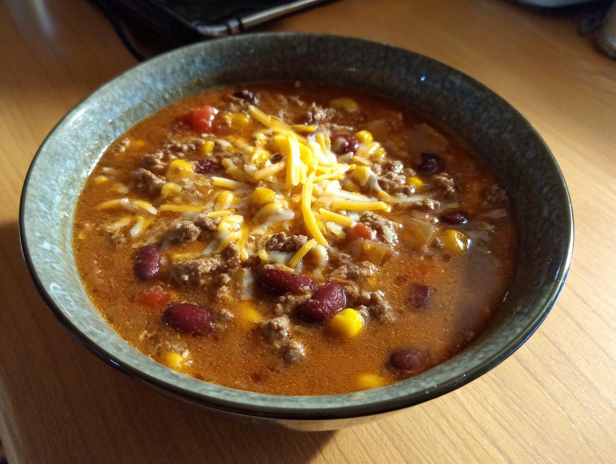 A close-up overhead view of a hearty bowl of cowboy soup featuring ground beef, kidney beans, corn, and shredded cheddar cheese.
