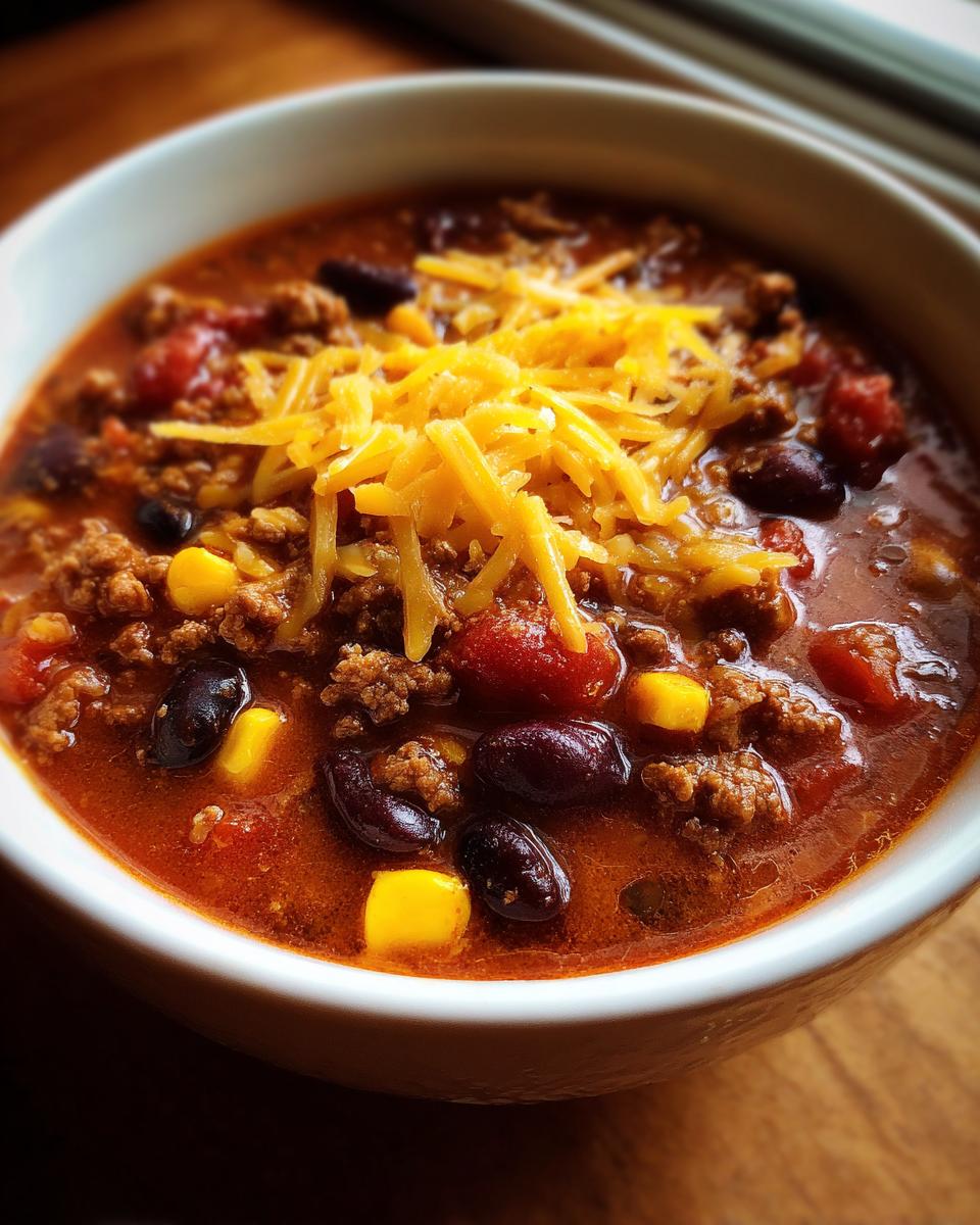 Close-up of a deeply colored bowl of cowboy soup filled with ground meat, beans, corn, and topped with shredded cheddar cheese.