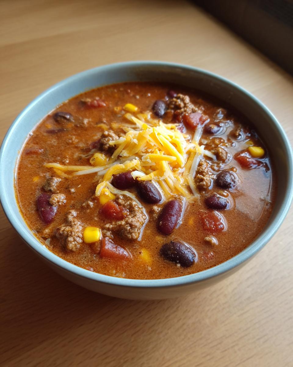 Close-up of a bowl of rich cowboy soup filled with ground beef, kidney beans, corn, and topped with shredded cheddar cheese.