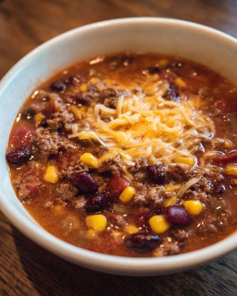 Close-up of a bowl of rich cowboy soup featuring ground beef, kidney beans, corn, and melted shredded cheese.