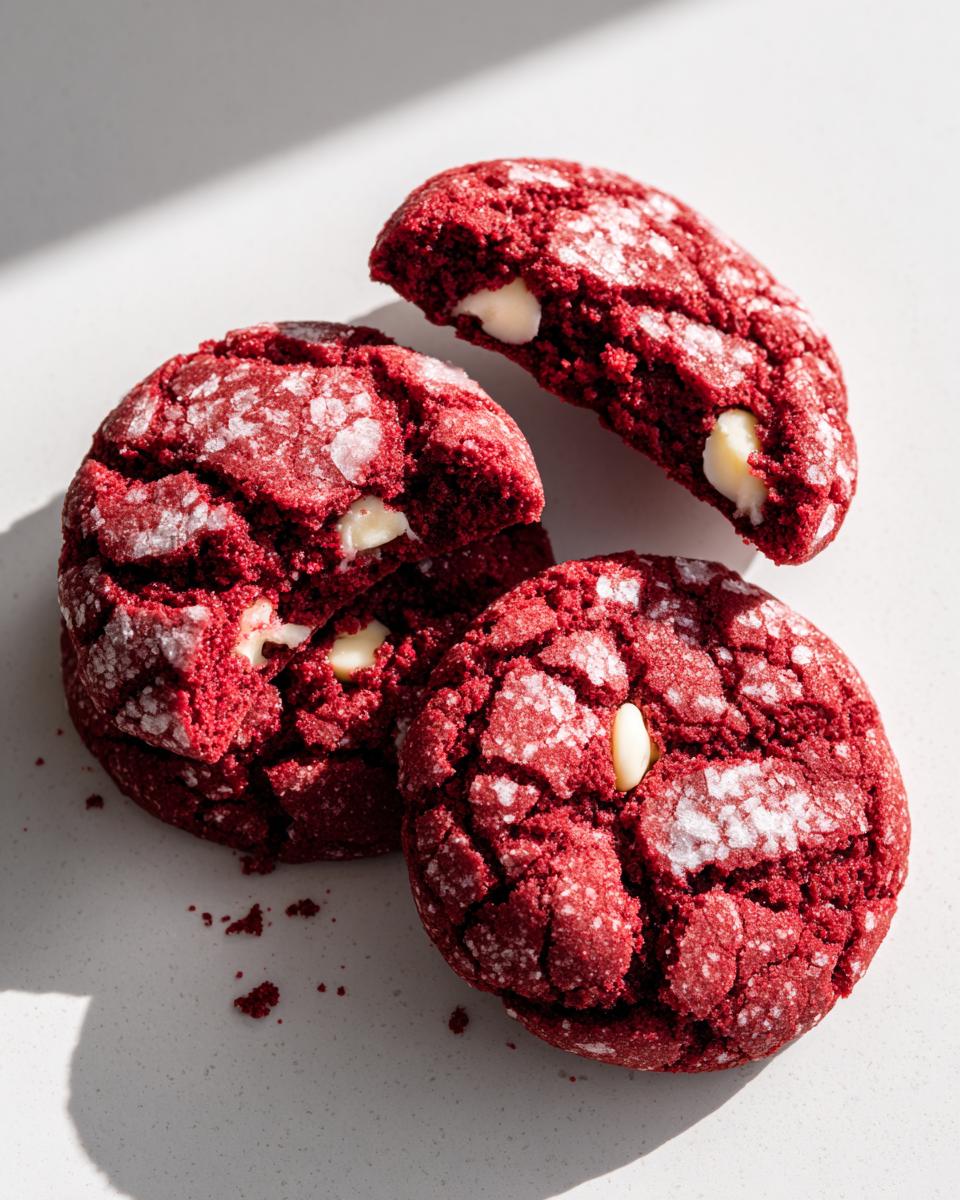 Three vibrant red velvet cookies, cracked on top and showing white chocolate chips, resting on a light surface.