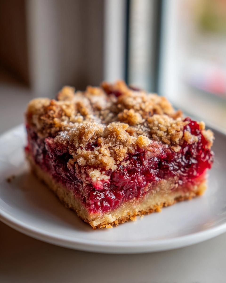 A single square of cranberry crumble bars featuring a thick, bright red cranberry filling and a golden, sugary crumble topping.