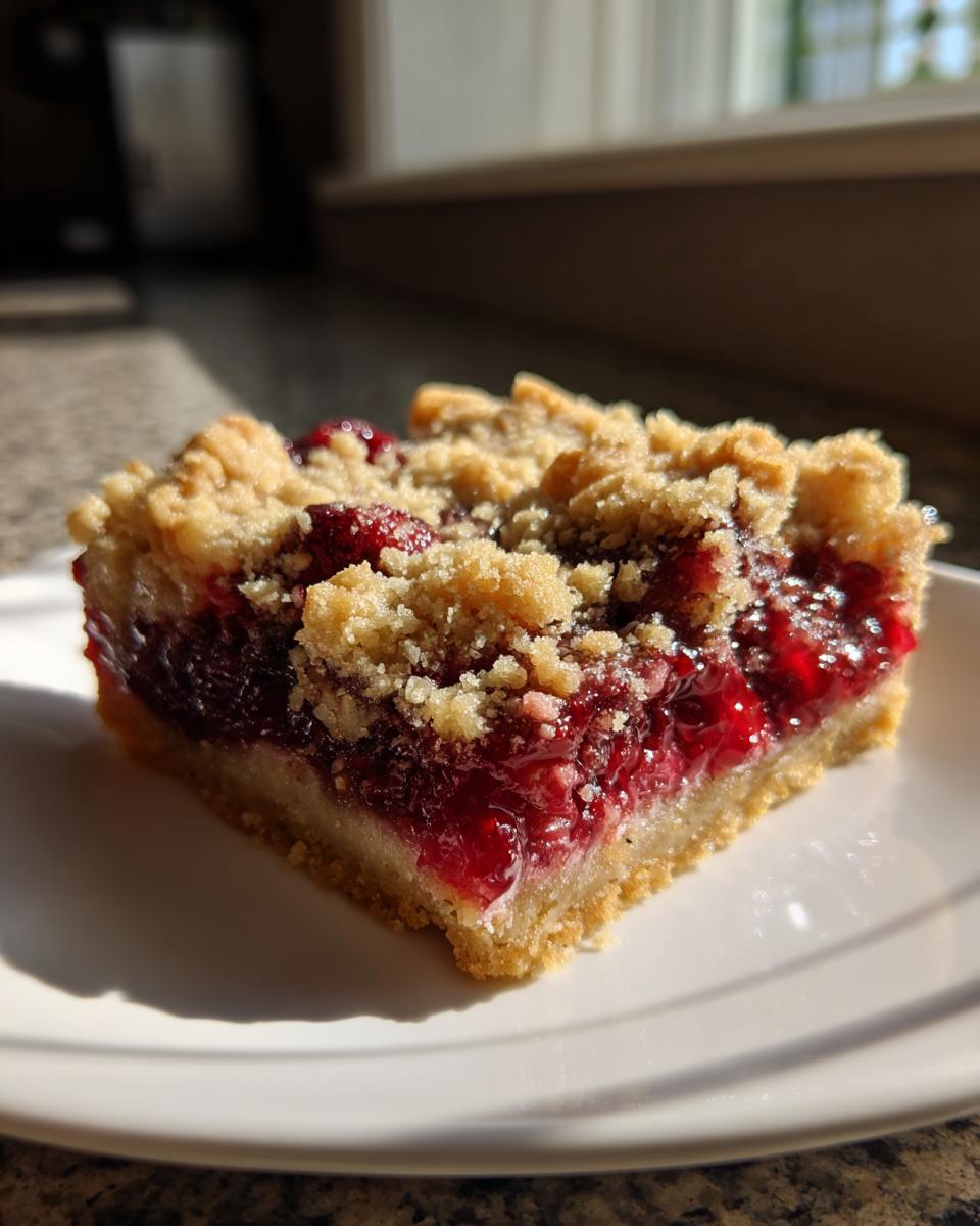 Close-up of a single square cranberry crumble bars slice with bright red filling and crumb topping.