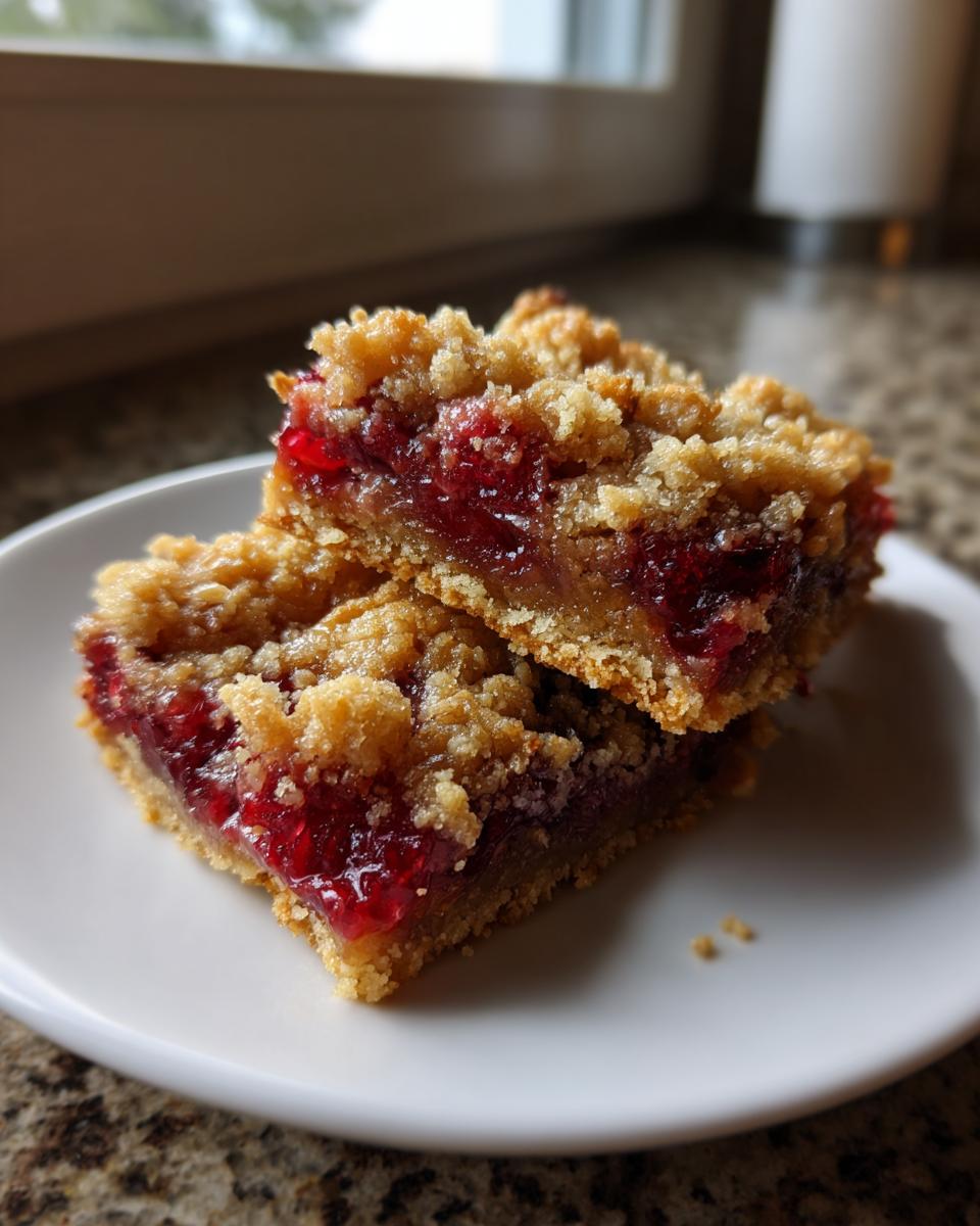 Two stacked squares of rich cranberry crumble bars showing a thick layer of bright red fruit filling.