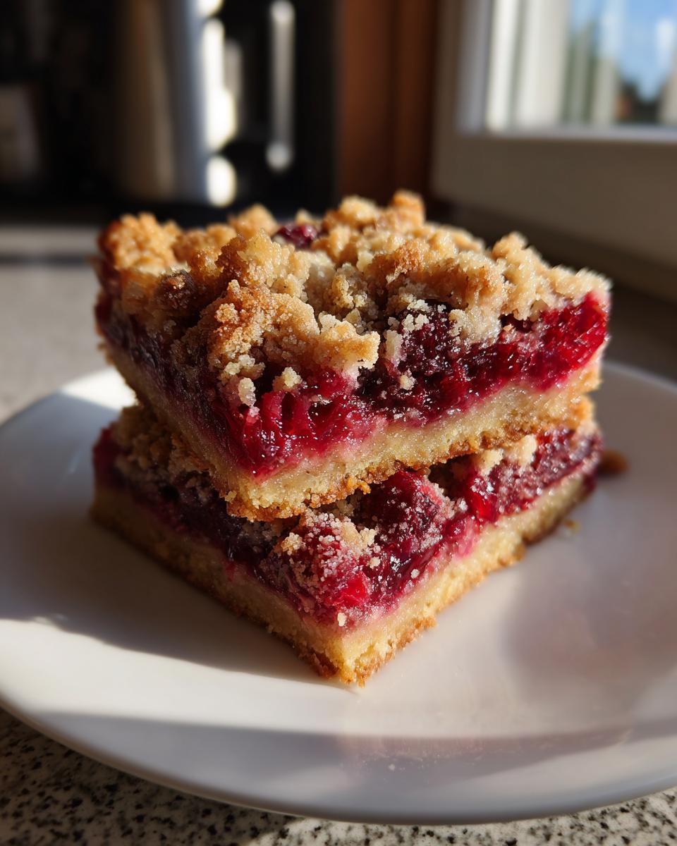 Two delicious cranberry crumble bars stacked on a white plate, showing the thick red fruit filling.