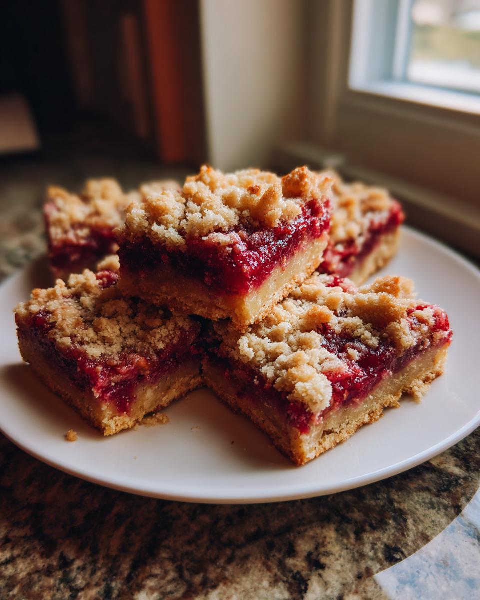 Close-up of four square cranberry crumble bars with a thick, bright red filling and crumb topping.