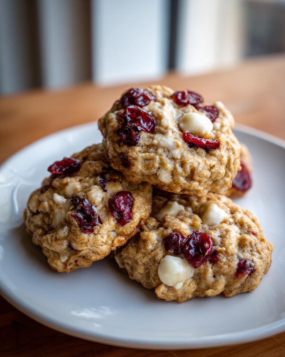 A stack of three delicious cranberry oatmeal cookies featuring visible dried cranberries and white chocolate chips on a white plate.