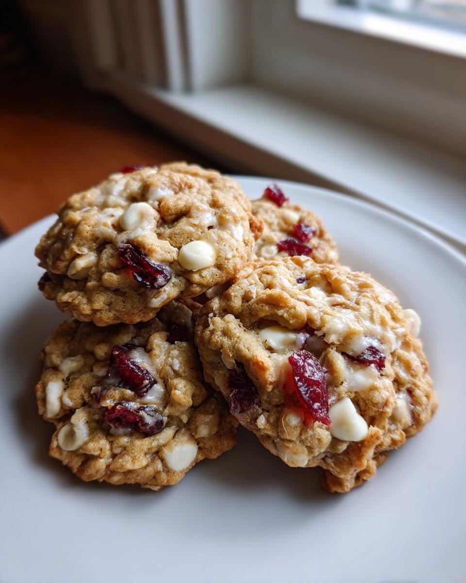 A stack of four chewy cranberry oatmeal cookies studded with white chocolate chips on a white plate.