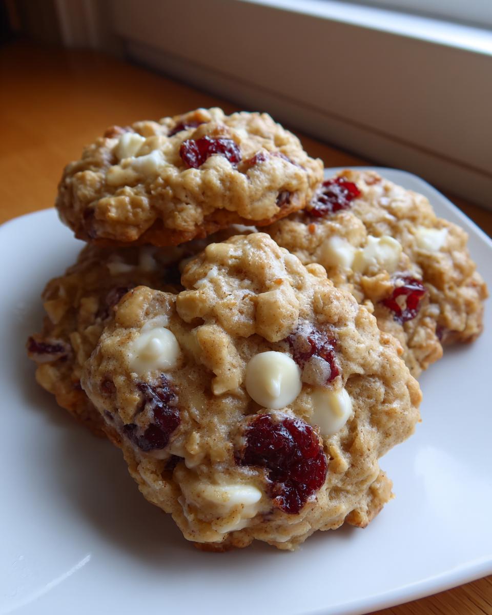 A stack of soft cranberry oatmeal cookies featuring visible white chocolate chips, resting on a white plate.