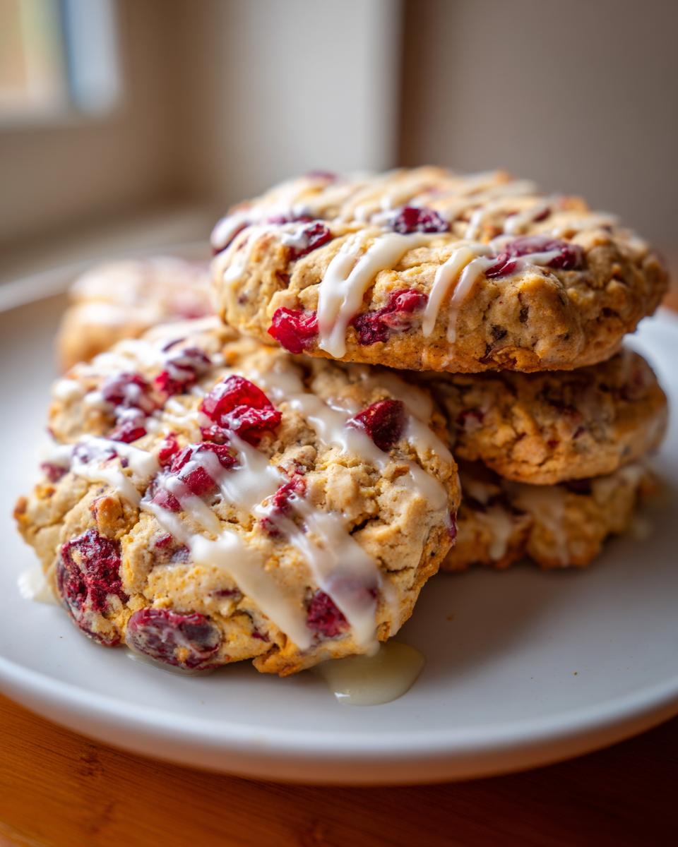 A stack of freshly baked cranberry orange cookies drizzled with white citrus glaze, sitting on a white plate.