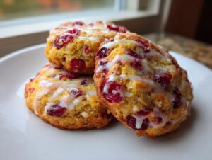 Close-up of three delicious cranberry orange cookies stacked, drizzled with white citrus glaze.